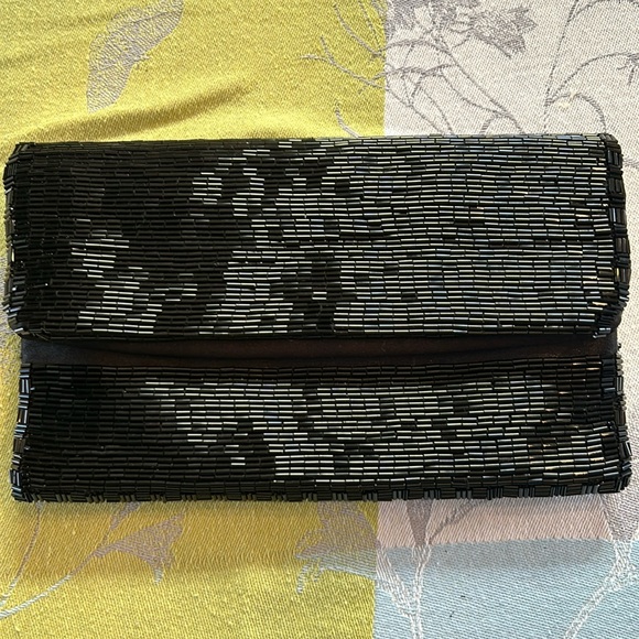 Sondra Roberts Black Bugle Beaded Fold Over Clutch Evening Bag